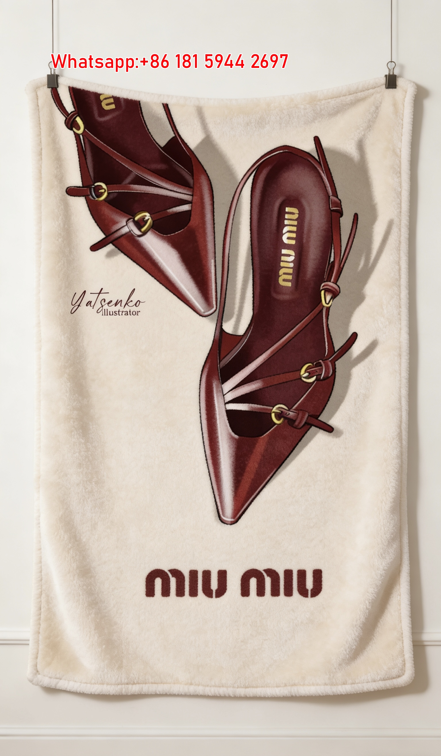 Miu Miu Burgundy Strappy Heels Beige Flannel Throw Blanket Miu Miu Luxury Shoes Printed Sofa Blanket IMG_0377